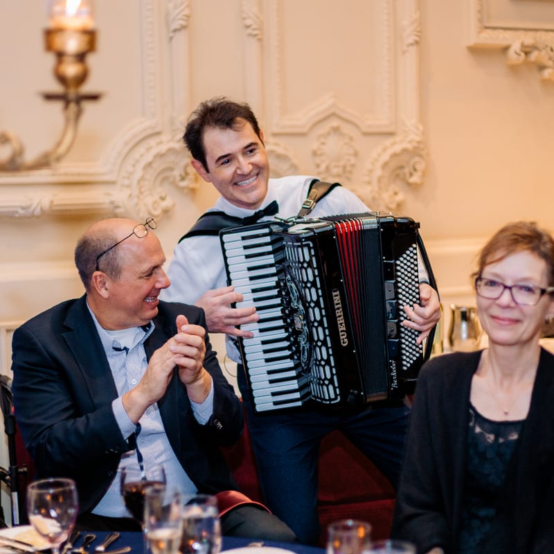 Black and white wedding dance with accordion